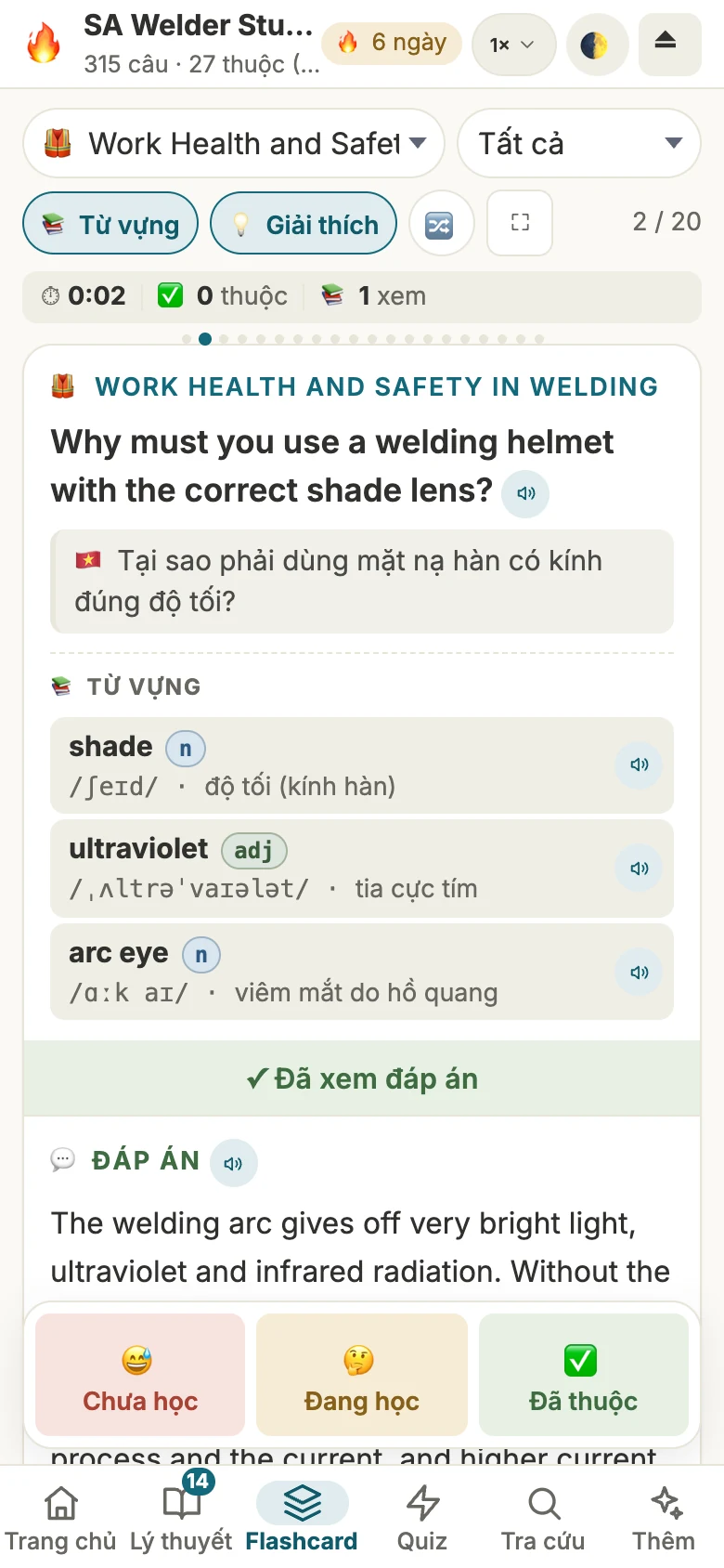 Thẻ câu hỏi ngành Welder: câu hỏi tiếng Anh, bản dịch, từ vựng có phiên âm và đáp án mẫu